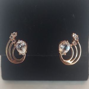 Pear Shaped White Sapphire Crescent Swirl Stud Earrings Gold Plated Silver